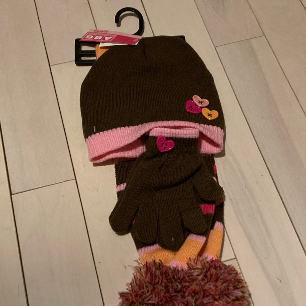 Hat Gloves Scarf Winter Bundle pink and brown kids